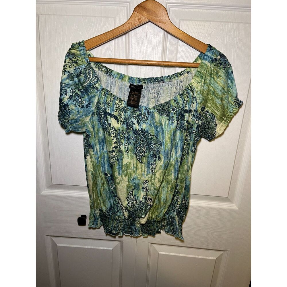 Grace Elements Women’s Medium Blue Green Paisley Peasant Boho Top
